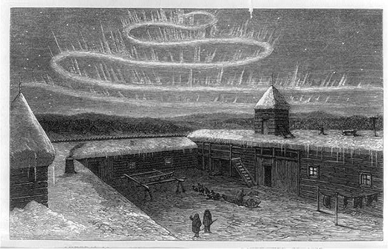Northern Lights over Fort Nulato, from Frederick Whymper's 1868 travelogue, Travel and Adventure in the Territory of Alaska. Northern Lights lose a lot in the translation to a black and white print. You can see the whole book here (open.library.ubc.ca/viewer/bcbooks…). #alaskahistory #alaska