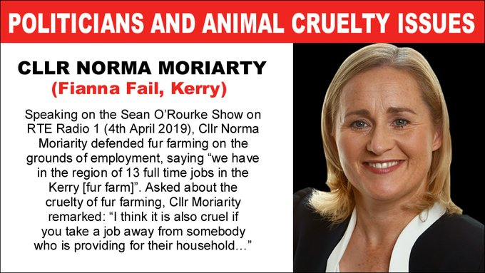 #LE24 candidate Norma Moriarty (Fianna Fail #Kerry #Kenmare) defended fur farming on the grounds of employment. Asked about the cruelty, she remarked: “I think it's also cruel if you take a job away from somebody providing for their household” 👎👎 banbloodsports.wordpress.com/2020/01/12/gen… #LE2024