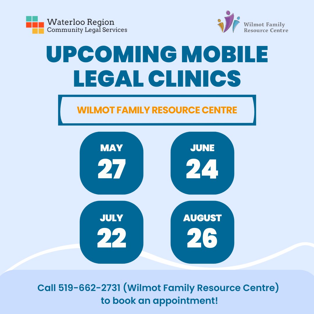🗓️@wrlegalservices will be back at Wilmot Family Resource Centre on Monday, May 27th from 9 am to 12 pm 📌contact WFRC to book an appointment and speak directly with a lawyer for free legal help!