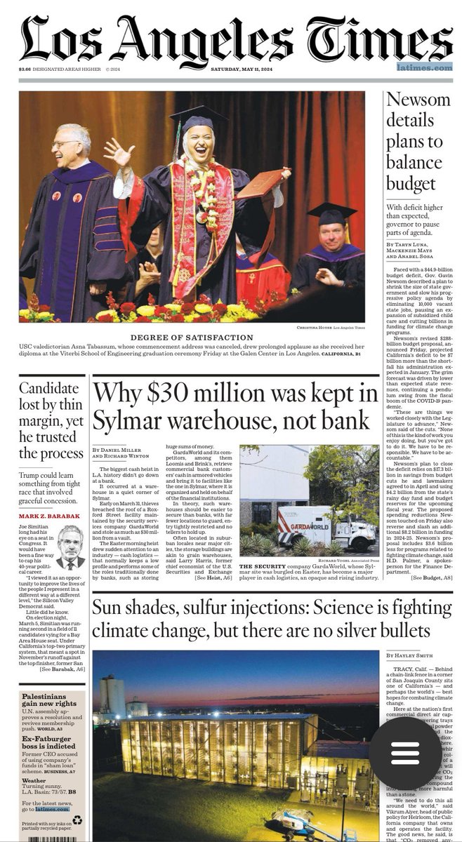 On @latimes front page today: Radiant photo of Asna Tabassum, @USC valedictorian who was denied opportunity to deliver commencement address but showed up and got a standing ovation. ⁦via @therealchouse⁩