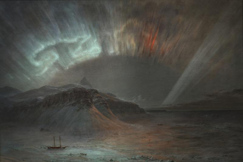 1865 'Aurora Borealis' oil on canvas by Frederic Edwin Church (1826-1900). Based on sketches from Isaac Israel Hayes' 1860-61 polar expedition. Hayes left in June 1860 & was very surprised by the outbreak of Civil War when he returned. Via Smithsonian American Art Museum.