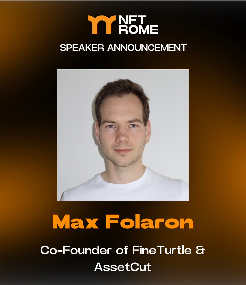 🚨Speaker Announcement 🚨 We are honoured to announce @maxfolaron as a speaker at NFT Rome. 🇮🇹 He is currently developing @FineTurtleNFT, a project that integrates NFTs with real-world assets, and @Assetcut, an asset tokenization platform & marketplace in B2B and B2C segments.