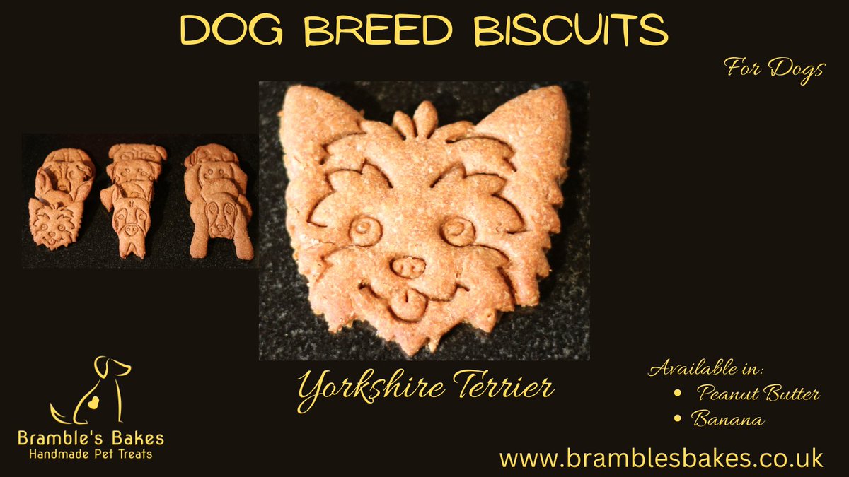 Brambles_Bakes's tweet photo. A delicious dog biscuit for your Yorkie, available in Peanut Butter or Banana. Sold as a pair in a packet or as a tin of 6. Visit https://t.co/Pwox8i7Dyg to order yours today!
Lots of other breeds available. If you don’t see what you want, get in touch and we'll try to help. https://t.co/XuLPzTjGrG