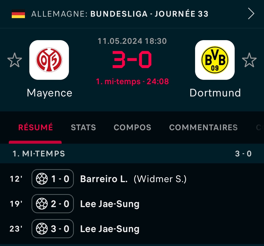🚨 Mayence mène actuellement 3-0 face à Dortmund après 23 minutes de jeu 🤯🤯 📸 @FlashscoreFR