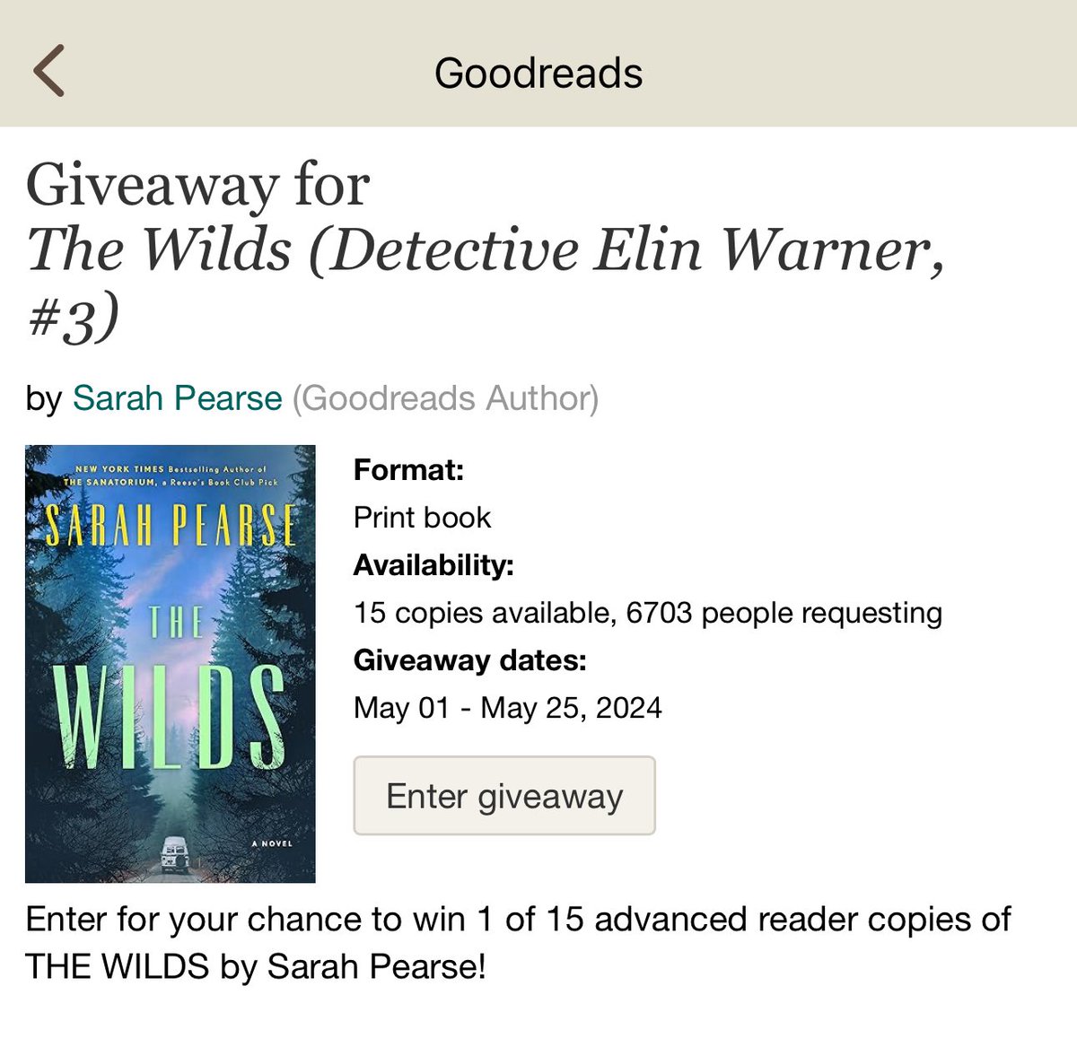 ✨ GOODREADS GIVEAWAY! ✨ US Readers - through May there is an @goodreads Giveaway of #TheWilds. Click here to enter: goodreads.com/giveaway/show/…