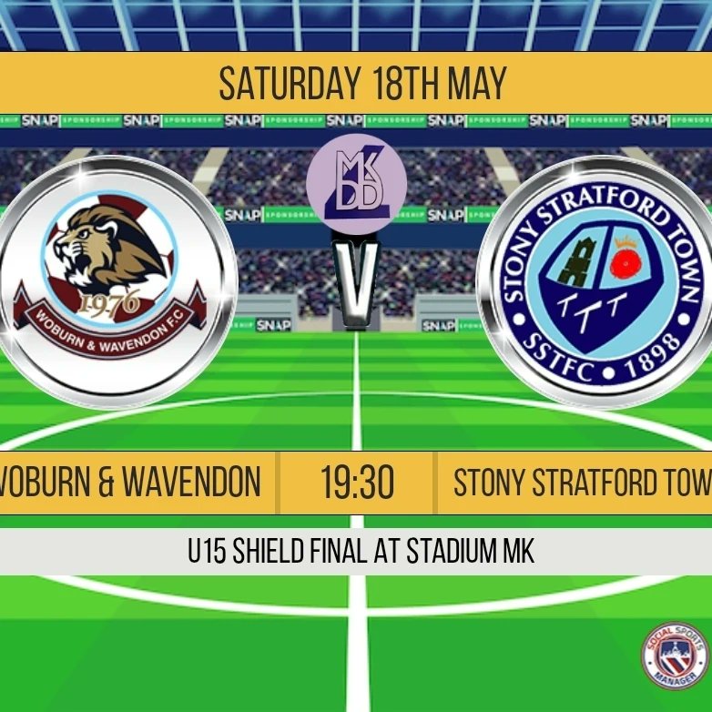 robertscross's tweet photo. * Milton Keynes And District Development League U15 Shield Final*

Woburn &amp; Wavendon FC U15H (@WobWavfc) vs Stony Stratford Town Lions 

Saturday 18th May
1930KO 
At Stadium MK

Free entry via Gate 5 for all spectators

Please come and support the teams! https://t.co/K08qnQToVd