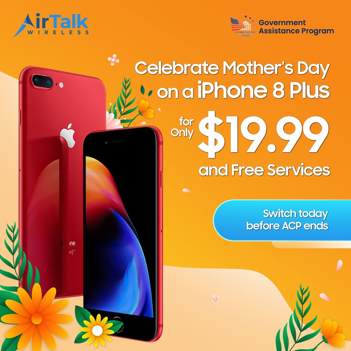 🌸 Happy Mother's Day from AirTalk Wireless! 🌸  
 
Treat Mom to the gift of savings by switching to our FREE services today. 
 
Don't wait - make her day extra special with seamless connectivity! 📱💝  
 
#MothersDay #SwitchToAirTalk #StayConnected