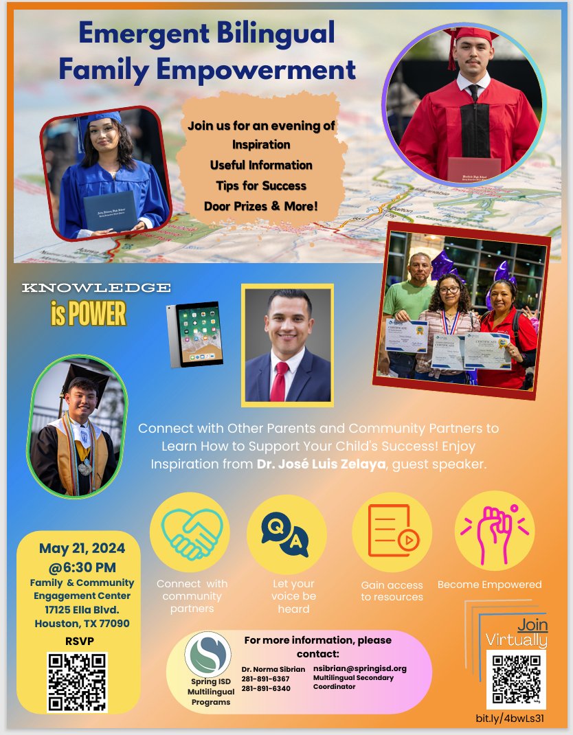 Dear <a href="/SpringISD/">Spring ISD</a> families, don't miss an amazing opportunity to be empowered!!! May 21, 2024 at 6:30 p.m.  Estimadas familias, no se pierdan una gran oportunidad de ser empoderado!!! El 21 de mayo 2024 a las 6:30 p.m. <a href="/SISD_MultiPrgms/">SISD Multilingual</a> <a href="/SpringISD_Super/">Dr. Lupita Hinojosa</a> <a href="/SISD_CoA/">K. Cuellar</a> <a href="/LaTracyHarris/">LaTracy Harris, Ed.D</a>