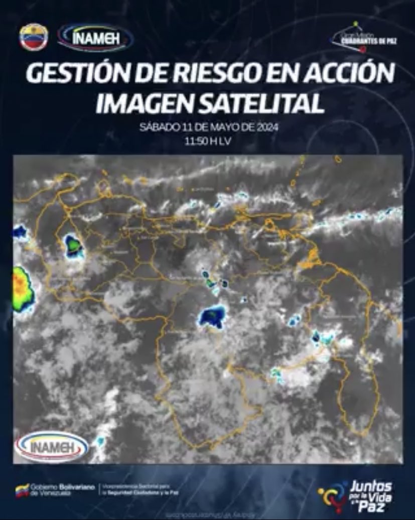 El @INAMEH informó que se mantiene el cielo parcialmente nublado en la mayor parte del país. Sin embargo, áreas nubladas, generan lluvias o chubascos en áreas de la Guayana Esequiba, Bolívar, este de Amazonas, sureste de Guárico, sur de Apure y norte de Mérida. #11May