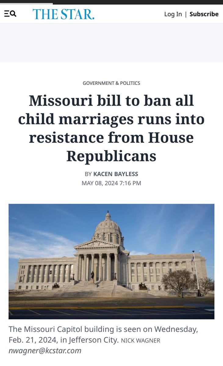 The Missouri GOP is hesitant to stop child marriage in the state. Once, Sen Moon even advocated for the marriage of an 11 year old child. An 11 year old still has baby teeth. She’s a 5th grader. She may fit the height and weight regulations for a car seat. Good god.