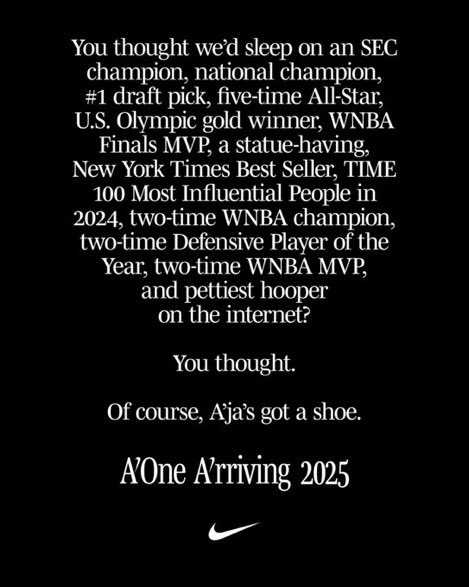 So Nike gets a ton of backlash from WNBA fans after signing Caitlin Clark to a $28 million signature shoe deal only to later reveal — with this incredible copywriting — that they have secretly been working on A’ja Wilson’s signature shoe for over a year. That’s chess 🤯