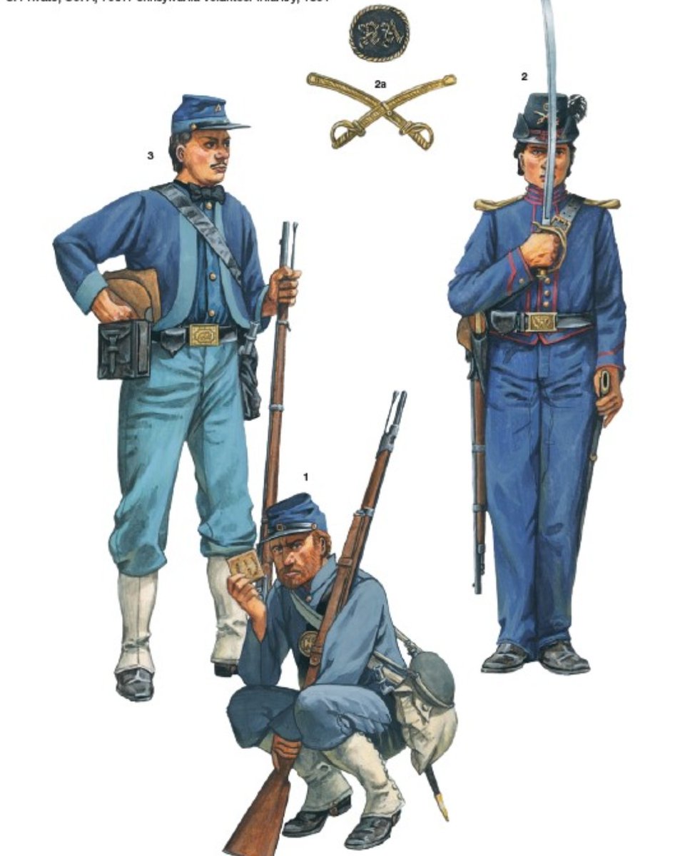 1: Private, 5th Regiment, Pennsylvania Reserve Corps, 1861 2: Private, Anderson Body Guard, or Anderson Troop, 1862 2a: Anderson Body Guard hat insignia 3: Private, Co. A, 76th Pennsylvania Volunteer Infantry, 1861 Art by Marco Capparoni from The Union Army 1861–65 (2)