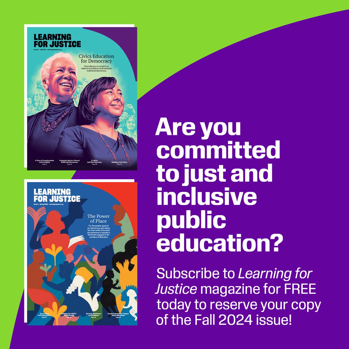 Subscribe to receive the free @LearnforJustice magazine, coming in fall 2024 📖: bit.ly/3bOHKsi If you believe in strengthening democracy & support a more inclusive society, this magazine can help you further understand critical issues in education & #socialjustice.