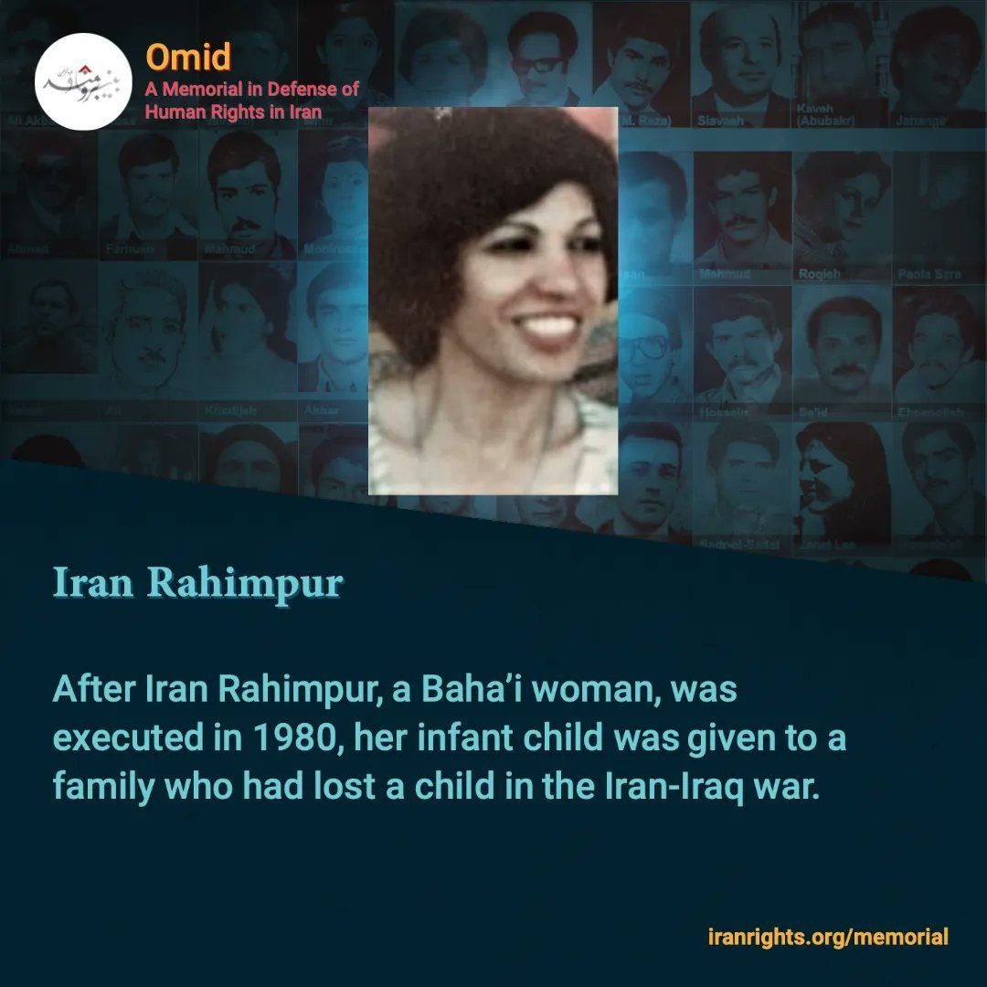In 1980, Iran Rahimpur, a pregnant Baha'i woman, was detained without access to a lawyer. She gave birth in custody & was later executed, leaving her newborn behind. Islamic Republic authorities never returned her body. Read more on #OmidMemorial buff.ly/4569iAq