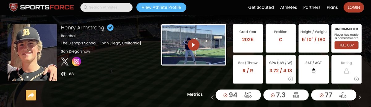 Uncommitted Player Spotlight!⚾🌟 2025 Henry Armstrong @HHArmstrong2025 Advisor: @coachthompsonsf C 5'10 180 R/R 4.13 W GPA 📚 San Diego Show @sdshowbaseball The Bishops School @coach_Beeks View Profile Below!⬇️🔗 sportsforce.io/athlete/henry-…