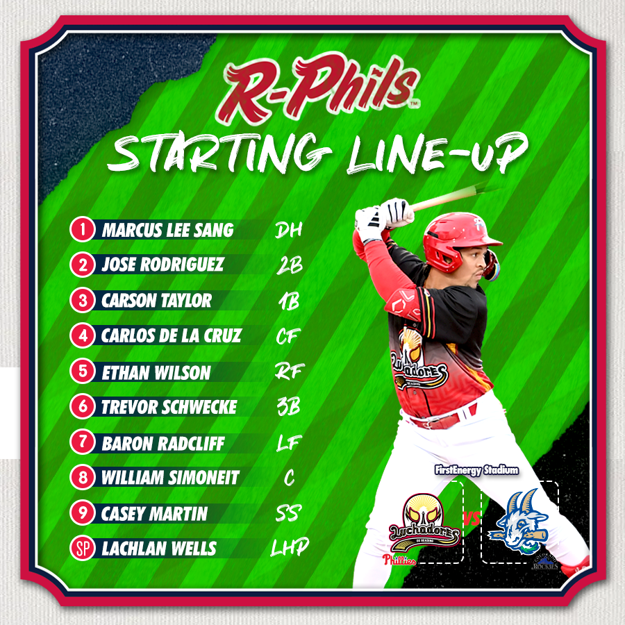 Today's starting lineup for Game 1! 

🆚 @GoYardGoats 
📍 FirstEnergy Stadium (Reading, PA)
⏰ 5:15 PM
📓 bit.ly/FightinsNotes
📻 bit.ly/ReadingRadio
📺 bit.ly/WatchReading
🎟️ bit.ly/RPhilsTickets