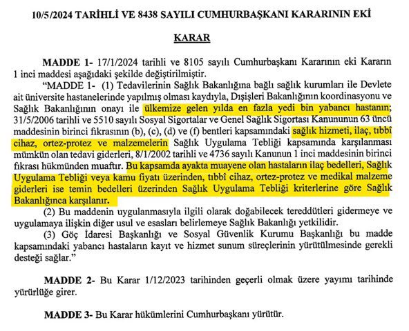 👉Resmi Gazetede yayınlanan Cumhurbaşkanı Kararı’na göre, Dışişleri Bakanlığı’nın koordinasyonu ve Sağlık Bakanlığı’nın onayıyla Türkiye’ye gelen 7 bin yabancı hastanın tedavi giderleri ücretsiz olacak.
👉Vergileriniz kimlere nerelere gidiyor bilin istedim…
#cokusdonemi