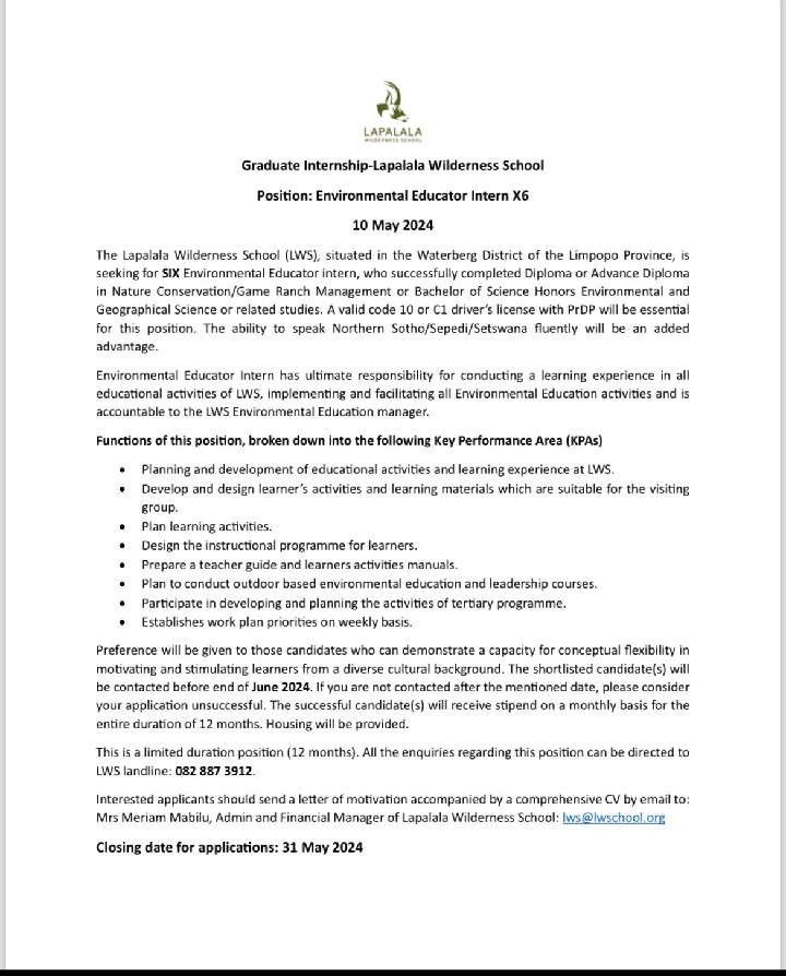Lepala Wilderness School is hiring 6 Environmental Educator Interns. Send your CV and Motivational letter to lws@lwschool.org before 31 May 2024