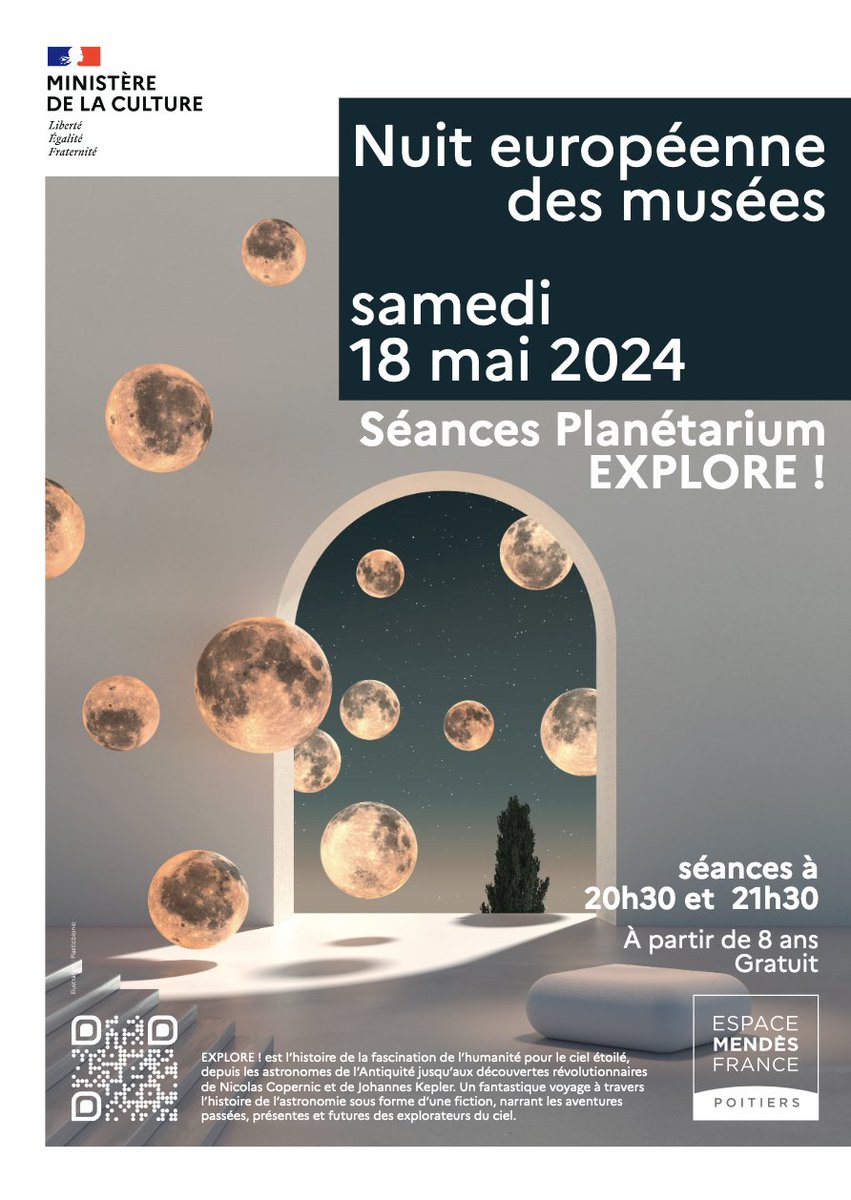 #NDM2024 🌠 Samedi 18 mai @emfpoitiers participe à la #Nuitdesmusees ! Au programme : 2 séances gratuites d'EXPLORE ! au planétarium pour un fantastique voyage à travers l’histoire de l’astronomie sous forme d’une fiction.
ℹ Infos et résas : emf.fr/46142