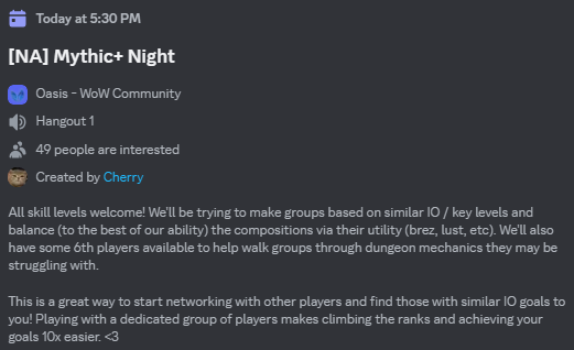 Struggling to get into Mythic+ groups or find others to play with? Tonight @ 5:30pm PST we're hosting a Mythic+ Night in our Discord! All skill levels are welcome! We'll be helping organize multiple Mythic+ groups to tackle the level of content they are comfortable with 💙