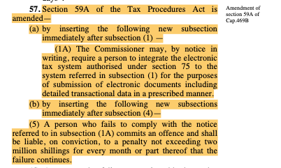 There's some tightening around eTIMS: · KRA will be empowered to require a tax payer to integrate eTIMS · Failure to comply with this requirement will see the tax payer slapped with <Kes 2.0M every month..Yes, every month Here's the catch with this, large businesses are