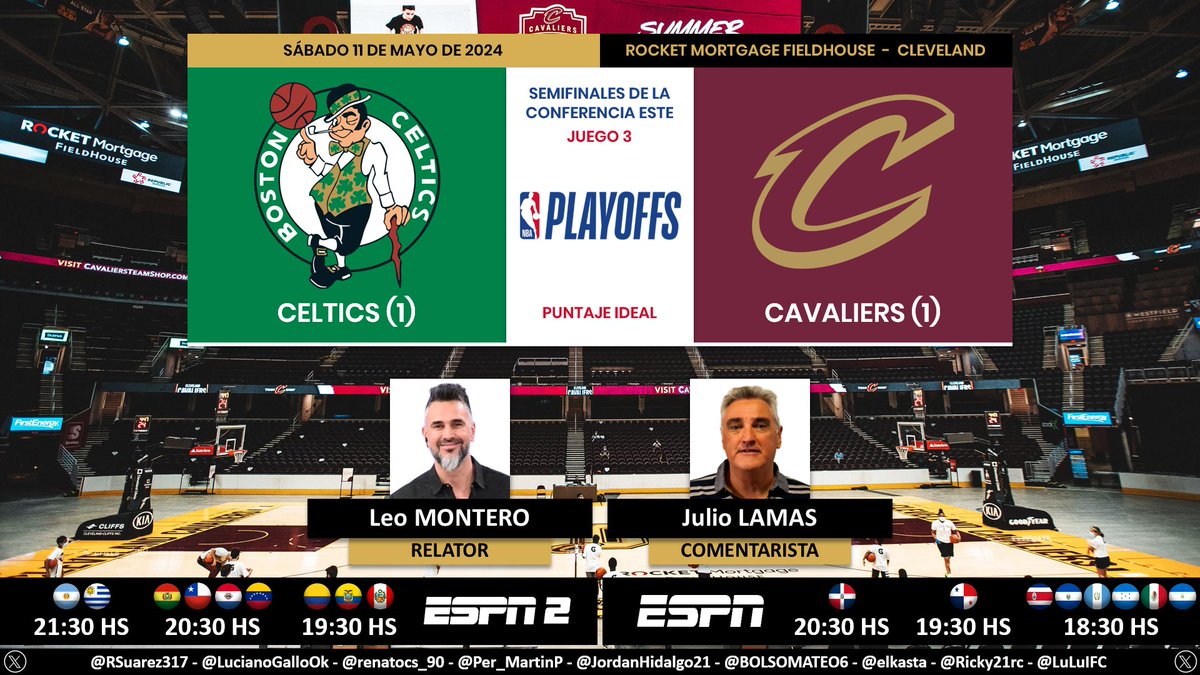 🏀 #NBA | #Celtics vs. #Cavaliers 🎙 Relator: @soyleomontero 🎙 Comentarista: @Juliolamas1 📺 #ESPN2 Sur // #ESPN Norte 💻📱 @StarPlusLA Latinoamérica 🤳 #NBAxESPN - #ESPNenStarPlus - #NBAPlayoffs Dale RT 🔃