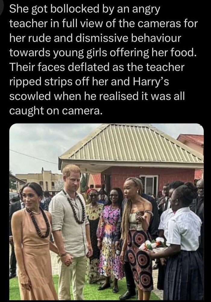 People calling them out! 😀. Caught on film too. 😂👹. So disrespectful and rude. Does not honor tradition nor the people. #MeghanandHarryinNigeria #MeghanMarkleEXPOSED #MeghanMarkleIsAConArtist #MeghanMarkle #PrinceHarry #InvictusFamily