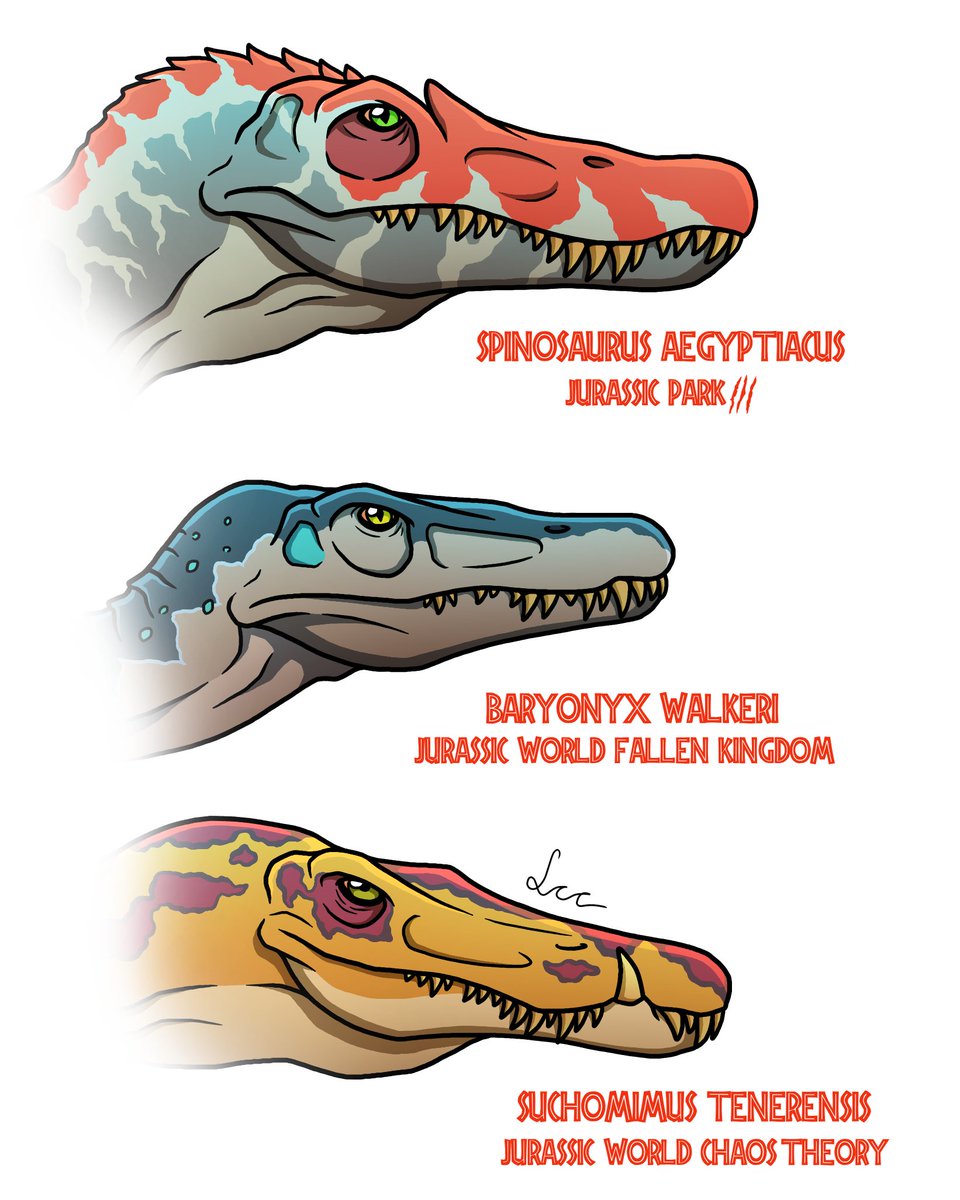 Here they are: all the spinosaurids of the Jurassic Park franchise.