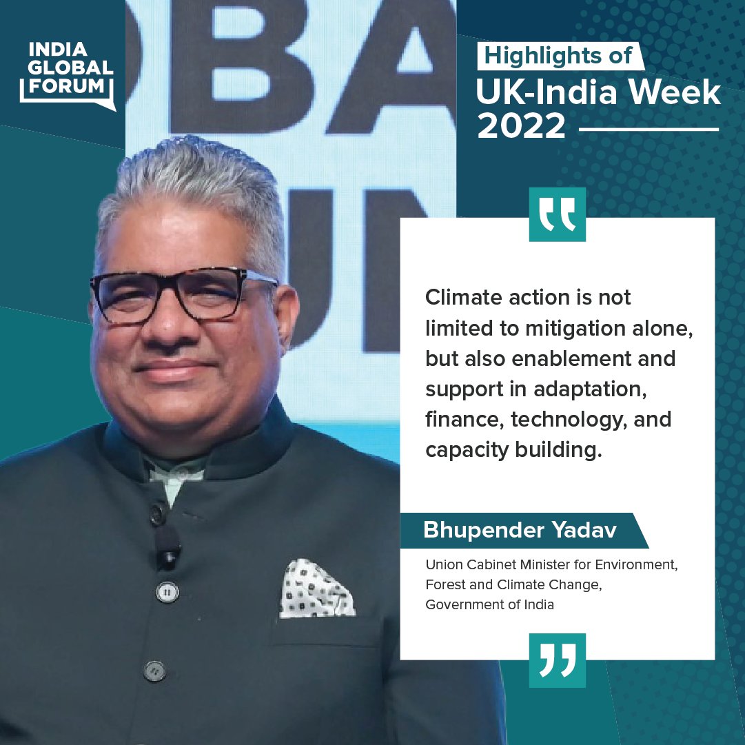 🇮🇳 is one of the few countries on track to meet the pledged targets of the Paris Agreement! At #UKIndiaWeek 2022, @byadavbjp shared his views on climate finance and emphasised reviewing the scope, scale & speed of climate action. Book Now: indiaglobalforum.com/IGF-London-202… #IGFLondon