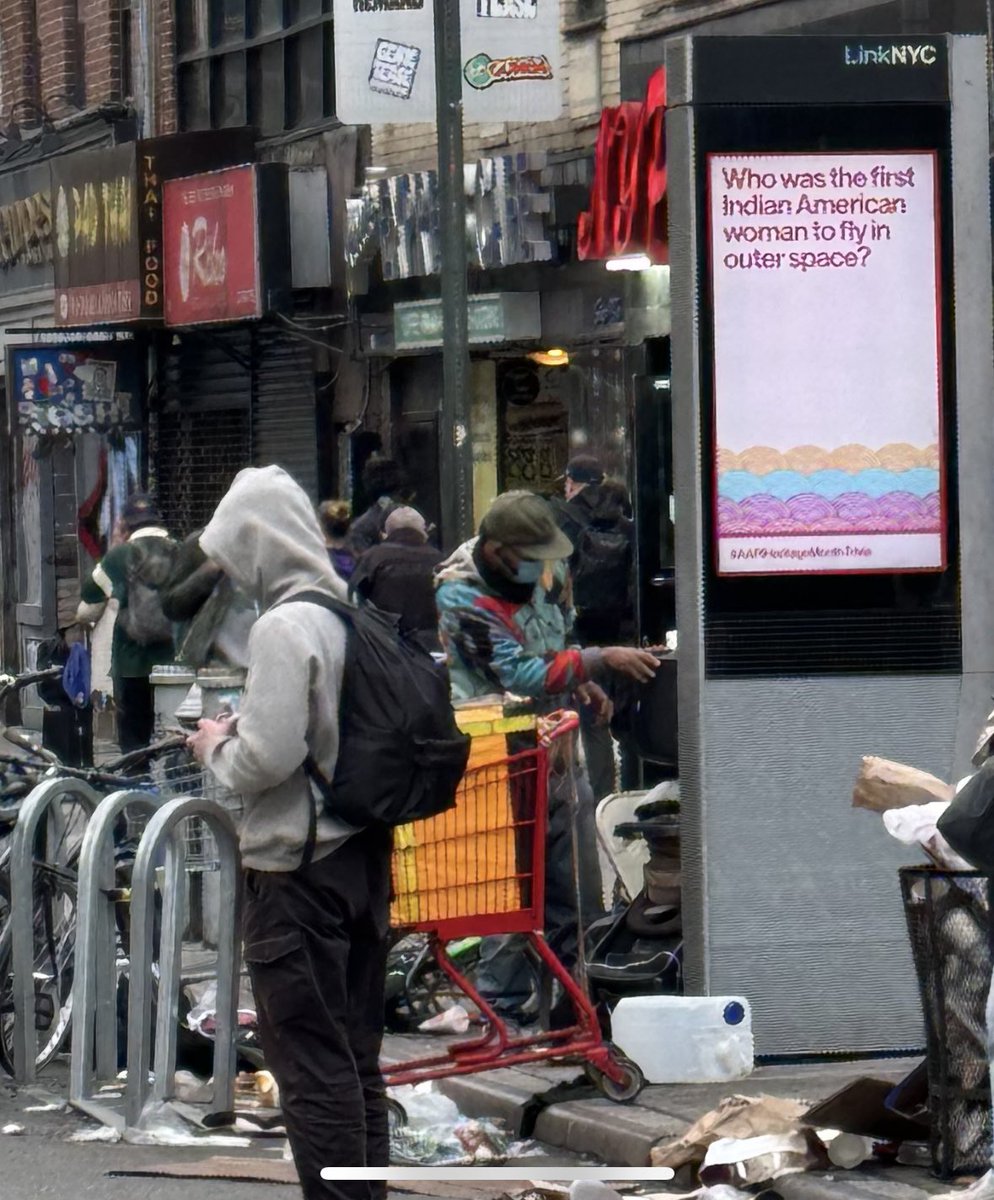 friend visiting NYC sent this. intersection surrounded by trash and homelessness with a street sign asking “who was the first indian american woman to fly in outer space?” 

the absolute state of liberalism