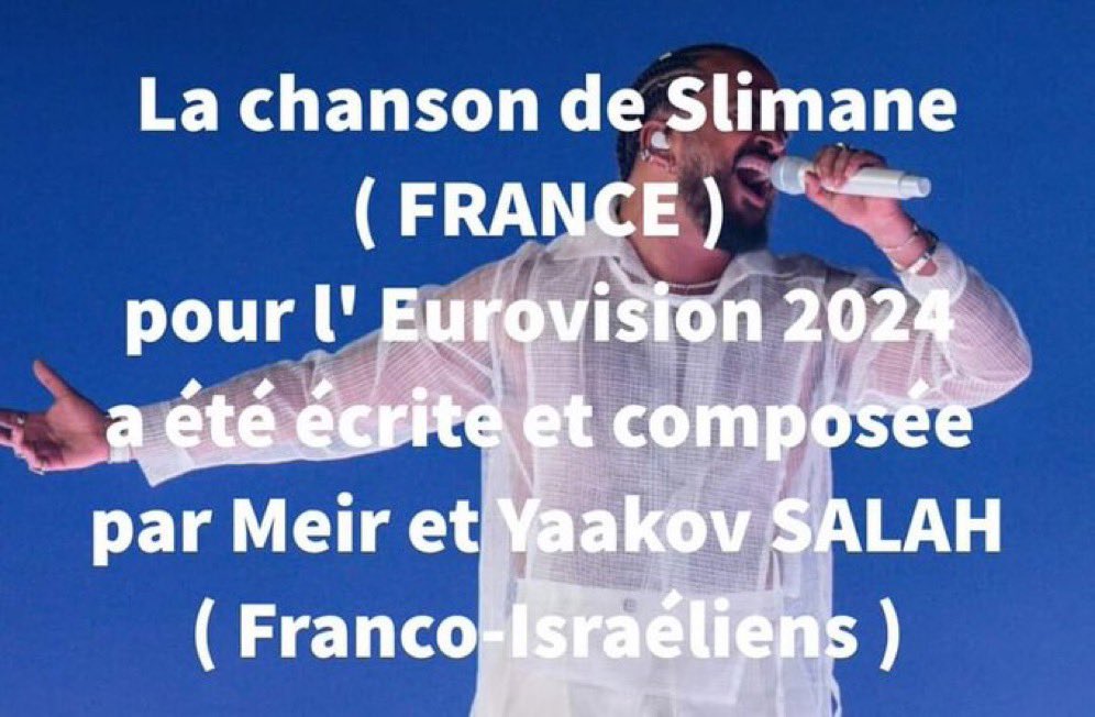 Bonne soirée à tous ! Les paroles et la musique de « Mon amour » sont écrites par Slimane lui-même et par Yaacov Salah et Meïr Salah. La chanson fut écrite en 2022 lors d'une tournée musicale. Bonne chance à #Slimane ! #France #Eurovision2024 Merci @SarahDanon1416