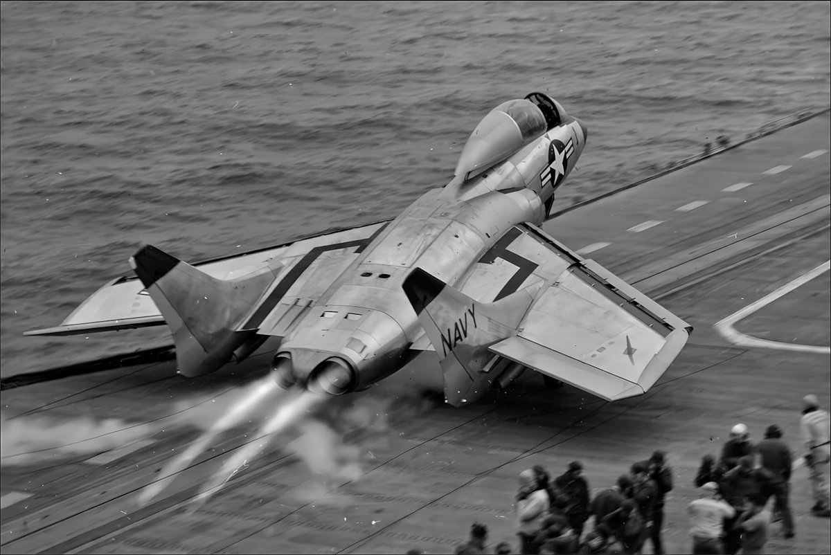 The “gutless” Cutlass launching in full burner. Canopy open for ease of escape as seats were equally lacking in power.

2 × Westinghouse J46-WE-8B after-burning turbojet engines, 4,600 lbf (20 kN) thrust each dry, 6,000 lbf (27 kN) with afterburner