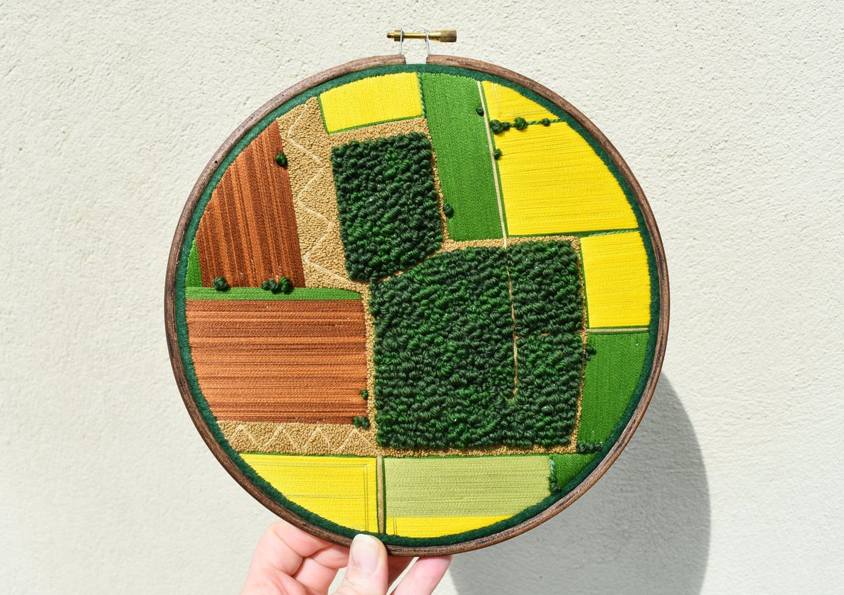 My last larger aerial embroidery for a while is now uploaded! Yellow oilseed fields because I passed several on my walk this week and the colours make me happy :) And more deer paths next to the tilled fields! This landscape is now here: victoriaroserichards.co.uk/collection/ava… #art