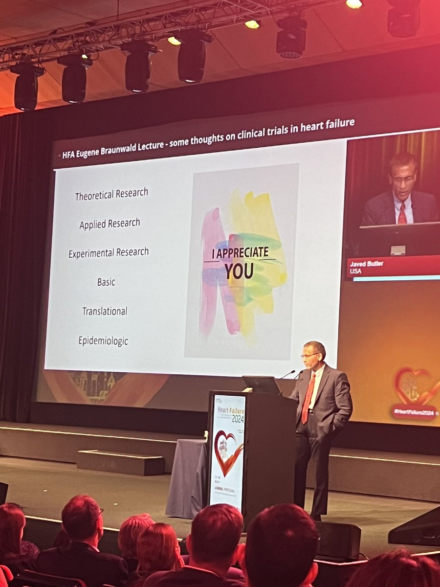 Some powerful messages by Prof @JavedButler1 at the Eugene Braunwald Lecture: Some thoughts on clinical trial in #HF: ➡️on why we do #clinicaltrials: to reduce human suffering ➡️to the young folks: work hard, do what you love, and success will follow #HeartFailure2024