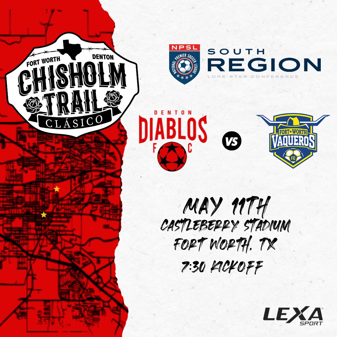 🚨WAKE UP - IT’S GAMEDAY ‼️🚨

🆚 @FtWorthVaqueros 
📆 TODAY!
⏰ 7:30 kickoff
🏆 @NPSLSoccer & Chisholm Trail Clasico!
🎟️ tickets.npsl.com/events/vaquero…
🏟️ Castleberry High School

Come down and cheer on the boys as we kick off our 2024 NPSL campaign! 

#SomosDiablos
#SomosDenton