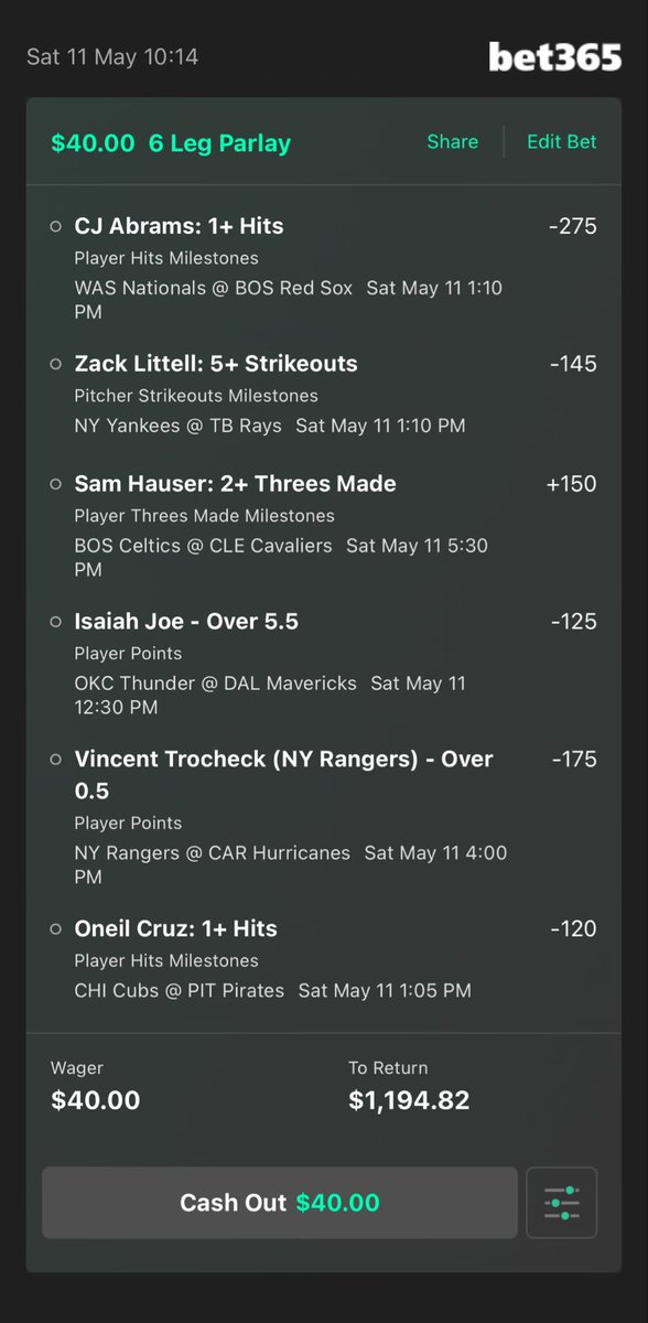 CartiOnPluto ๐ช (@plutoslips) on Twitter photo Props for 5/11 ๐จโ๐ฌ๐ฐ
CJ Abrams O 0.5 Hits (-275) ๐โข๏ธ
Isaiah Joe O 5.5 Points (-125) ๐๐ฐ๐
Sam Hauser O 1.5 3PT Made (+150) ๐งโโ๏ธโ ๏ธ
Vincent Trocheck O 0.5 Points (-175) ๐งโโ๏ธโ ๏ธ
Zack Littell O 4.5 Strikeouts (-140) ๐โข๏ธ
OโNeil Cruz O 0.5 Hits (-125) ๐๐ฐ๐
Sweep Loading ๐๐ Props for 5/11 ๐จโ๐ฌ๐ฐ
CJ Abrams O 0.5 Hits (-275) ๐โข๏ธ
Isaiah Joe O 5.5 Points (-125) ๐๐ฐ๐
Sam Hauser O 1.5 3PT Made (+150) ๐งโโ๏ธโ ๏ธ
Vincent Trocheck O 0.5 Points (-175) ๐งโโ๏ธโ ๏ธ
Zack Littell O 4.5 Strikeouts (-140) ๐โข๏ธ
OโNeil Cruz O 0.5 Hits (-125) ๐๐ฐ๐
Sweep Loading ๐๐