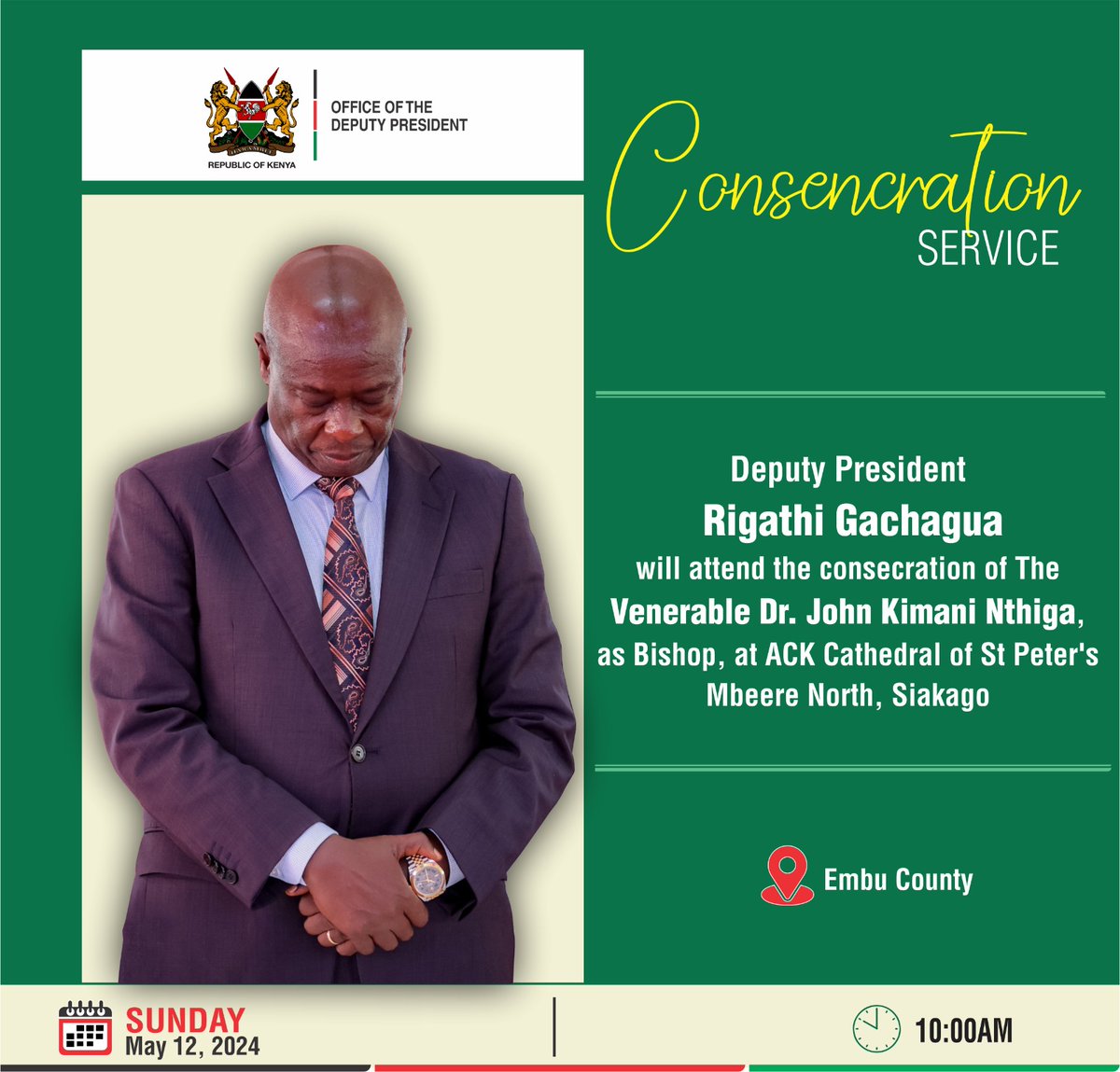 Tomorrow Deputy President Rigathi Gachagua Will be at Embu County For Church Service. #RigathiOnAssignment