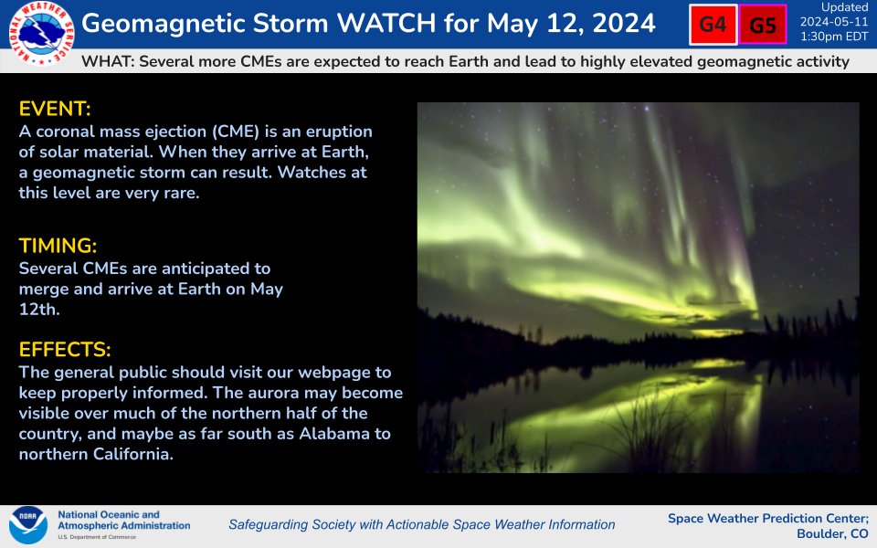 NWSSWPC's tweet image. Another series of CMEs associated with flare activity from Region 3664 over the past several days are expected to merge and arrive at Earth by midday (UTC) on 12 May. Periods of G4-G5 (Severe-Extreme) geomagnetic storms are likely to follow the arrival of these CMEs.