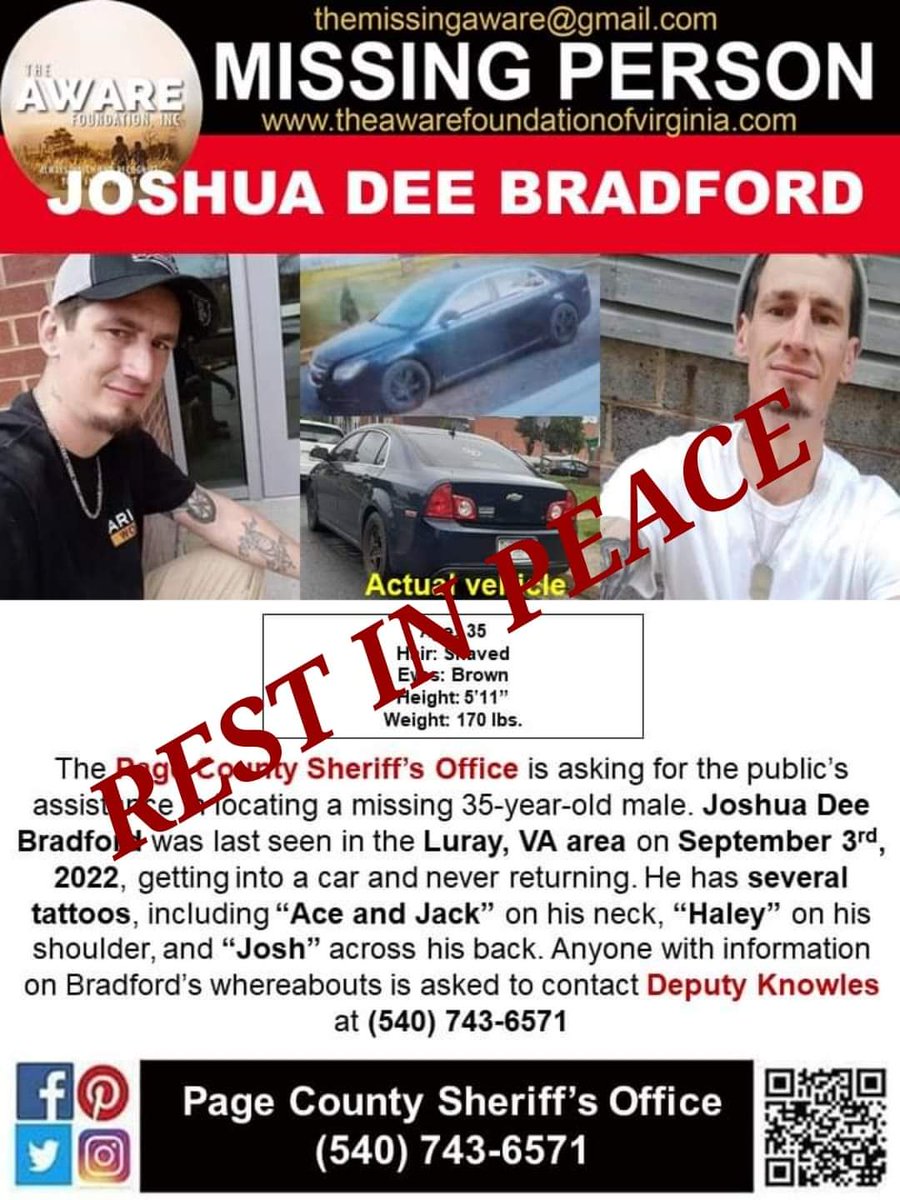 UPDATE: Page County’s Sheriff’s Office has provided new details on a missing persons case from 2022. Joshua Dee Bradford was reported missing by his family after he was last seen in Luray on Sept 3, 2022. Authorities said they got new information on the case on Monday, May 6…