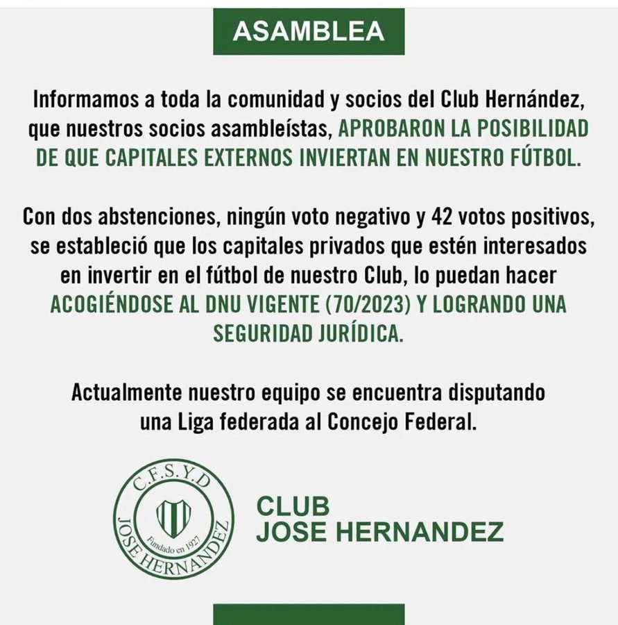 🇦🇷 URGENTE: El Club José Hernández se convierte en el primer club de fútbol federado en Argentina en organizarse como una Sociedad Anónima Deportiva por votación de los socios, según habilita el DNU del Presidente @JMilei