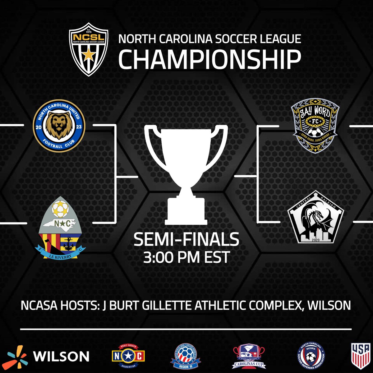 Game On!! NCSL Semi Finals!!
Joins us at J Burt Gillette Athletic Complex, 
3238 Corbett Ave NE, Wilson, NC.
⚽️🙌⚽️🏆⚽️🙌⚽️
@NCAdultSoccer
@SayWordFC
@CentralRaleigh_
#NCUnitedFC #LeRiverryFC
@USASARegion3
@USAdultSoccer
@ussoccer