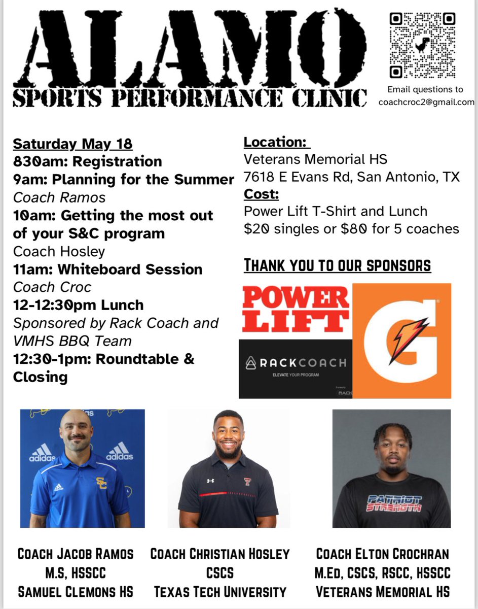 1 week left before the 2nd annual Alamo Sports Performance Clinic. Register asap. T-Shirts & Lunch provided will be provided!! @CoachRamos15 @hosleystrong @power_lift @rackcoach myschoolbucks.com/ver2/prdembd?r…
