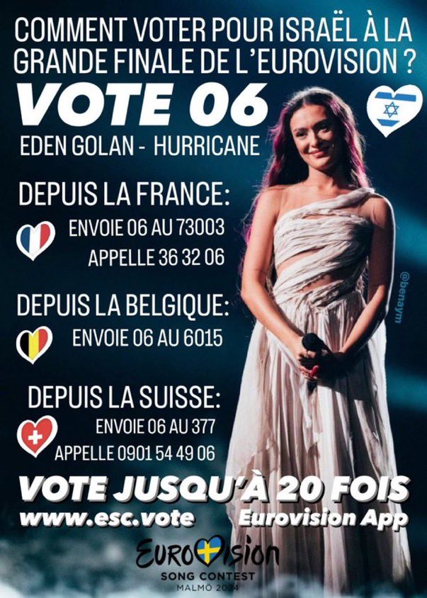 Ce soir, je voterai pour #EdenGolan au concours de l’#Eurovision2024 parce qu’elle est un exemple de courage et de dignité, parce qu’elle est devenue le symbole de la résistance face à la haine antisémite et rappelons-le aussi face au terrorisme islamiste. #JeVotePourEden…