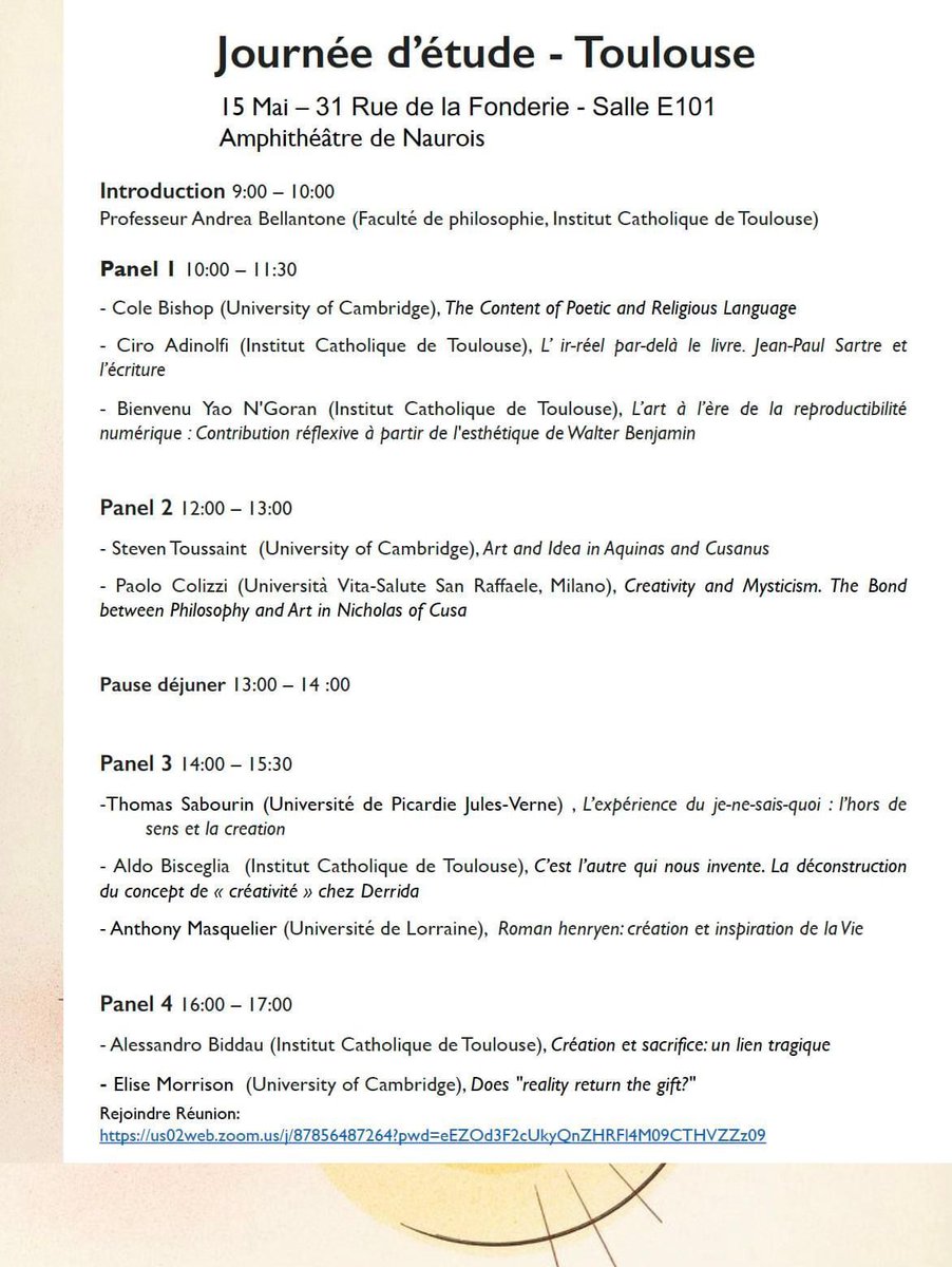 Mercredi prochain (15 mai). Deuxième journée d'études co-organisée avec la Faculty of Divinity de l'University of Cambridge (<a href="/pickstockc/">Catherine Pickstock</a>). Créativité, inspiration, art - entre phénoménologie et métaphysique.