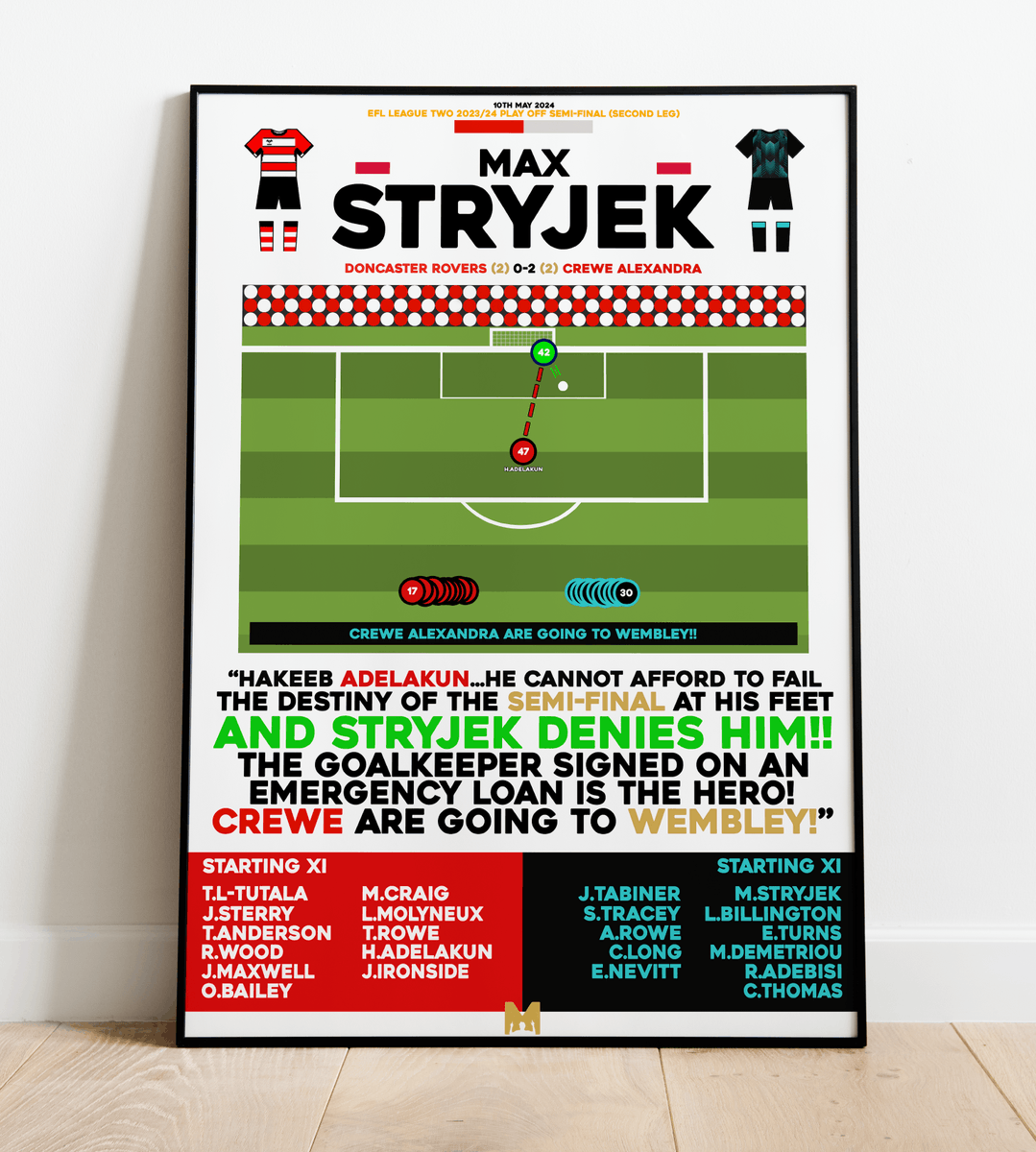 🚨NEW DROP🚨 

We're proud to release a Framed Print to make any Crewe Alexandra Fan Happy!🔴⚪️ 

Max Strykek Save v Doncaster🇵🇱🧤

CODE: 'CREWE’ for 15% OFF All Items✅

➡️mezzaladesigns.co.uk/collections/cr…

#CreweAlex