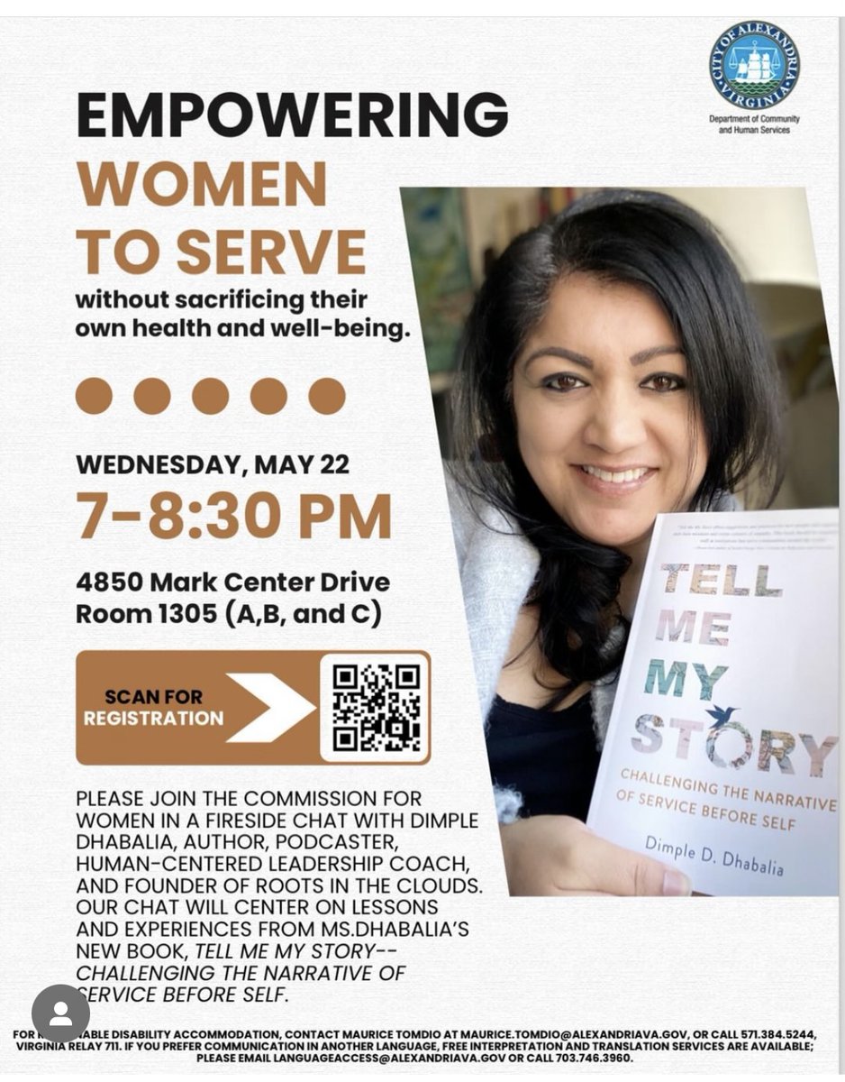 Honored to talk with @DCHS_AlexVA about #empowering #women to #serve without sacrificing their own #health and #wellbeing. #Books will be available for purchase and signing. Register today for this #freeevent and tag a friend in the comments to join you! #TellMeMyStory #Dimpstory