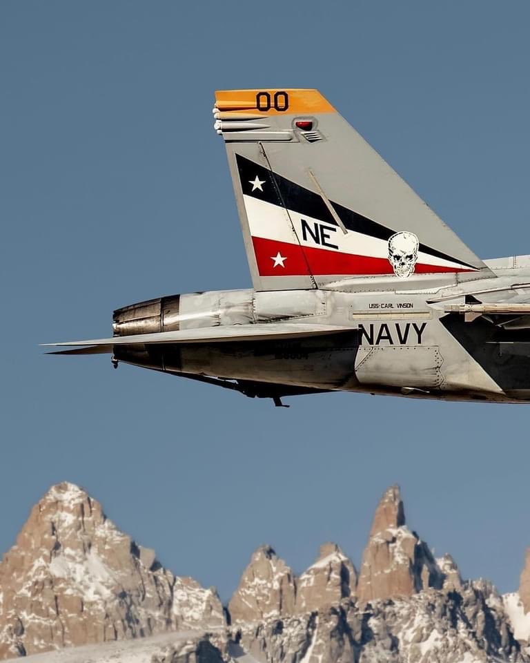 U.S. Navy F/A-18F with Strike Fighter Squadron 2 (VFA-2) - “Bounty Hunters adding a splash of color to the Sierras. 4/2024” credit Aviation Mafia