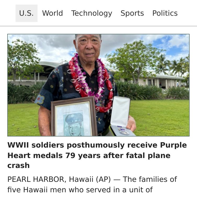 WWII soldiers posthumously receive Purple Heart medals 79 years after fatal plane crash. majordigest.com/us/2024/05/11/…

#majordigest #news #nationalnews #usnews #usanews #breakingnews #randomnews