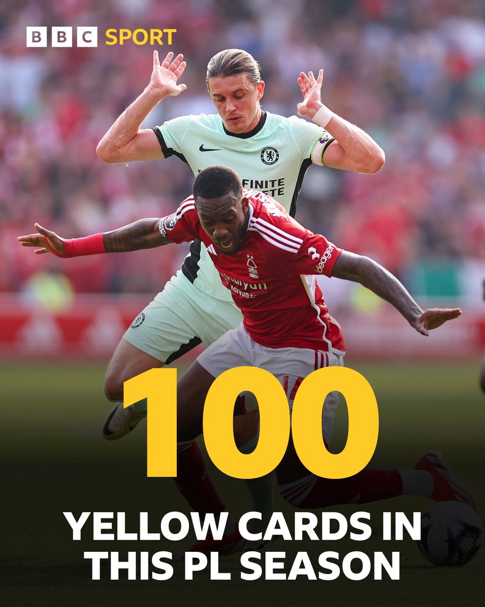 An unwanted century 🟨❌ A booking for Conor Gallagher means Chelsea become just the second side to reach 100+ yellow cards (excl. second yellows) in a single Premier League season after Leeds Utd (101 in 2021/22). #NFOCHE #BBCFootball