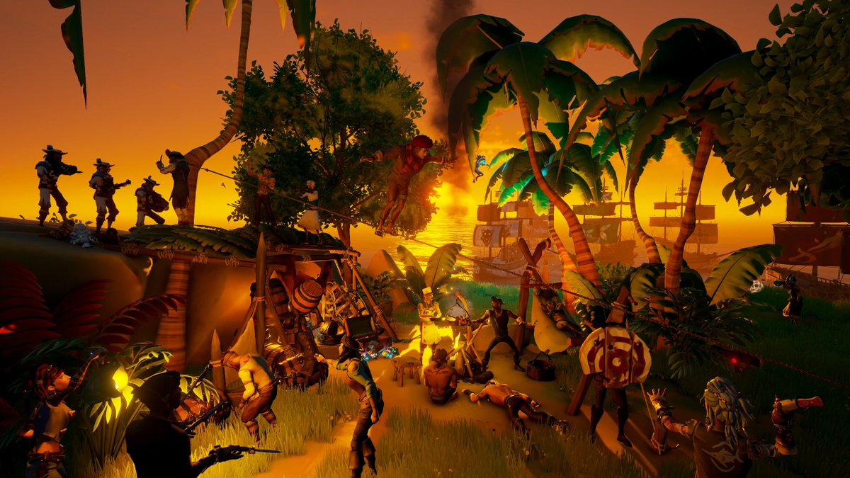 From foes to friends, pirates unite at sunset!

Theme: Stunning Sunsets  

#SoTShot  
#SeaOfThieves 
@SeaOfThieves